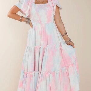 Ivy City Co Pastel Tie-Dye Midi Dress in Pink & Light Blue